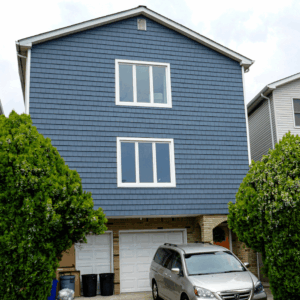 Vinyl Shake In The Color Blue with White Window Trim